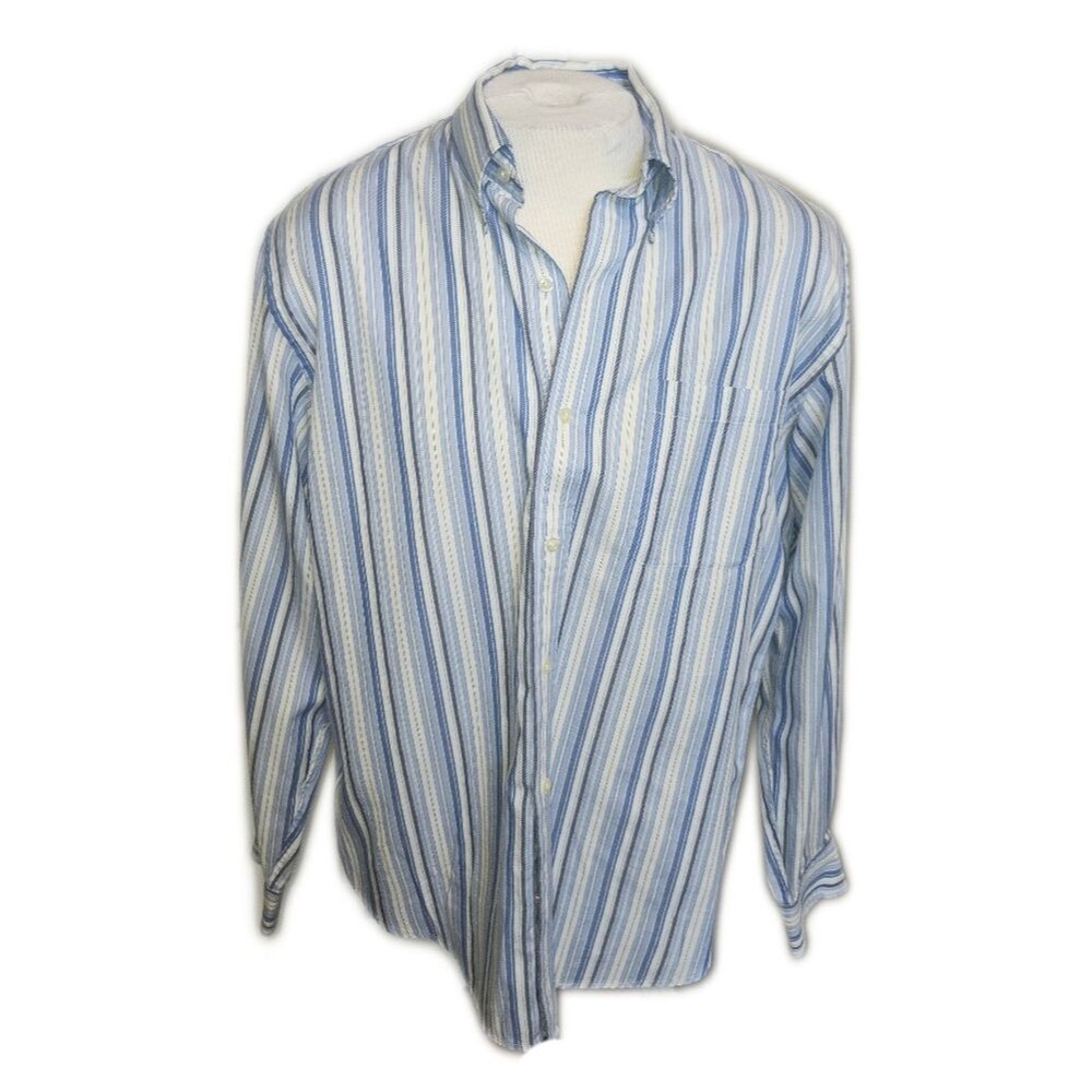 Lands' End Men's Blue Striped 100% Cotton Button Down Dress Shirt, 42/44